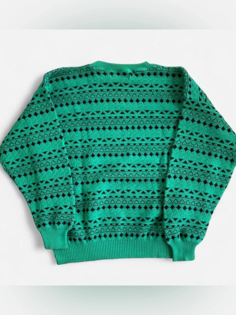 80s 90s Eric Rhodes Green Black Knit Sweater Classic Retro Geometric Nordic L